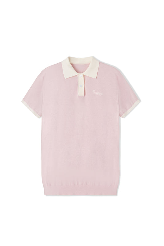 Pink woven short-sleeved polo shirt